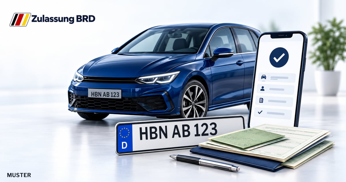Online Fahrzeugzulassung in Hildburghausen: Musterkennzeichen HBN AB 123, Auto und Fahrzeugpapiere und Smartphone. Illustration mit Logo von Zulassung BRD.